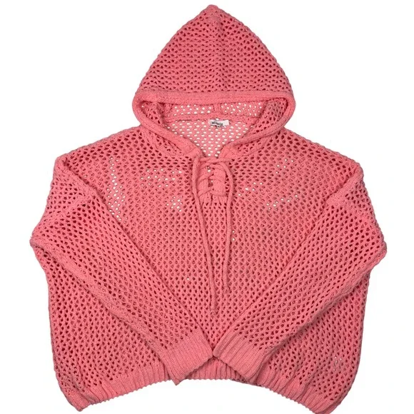 Miracle Open Knit Crochet Lace Up Hoodie Sweater M/L Peach Shabby Chic Boho - Picture 1 of 8